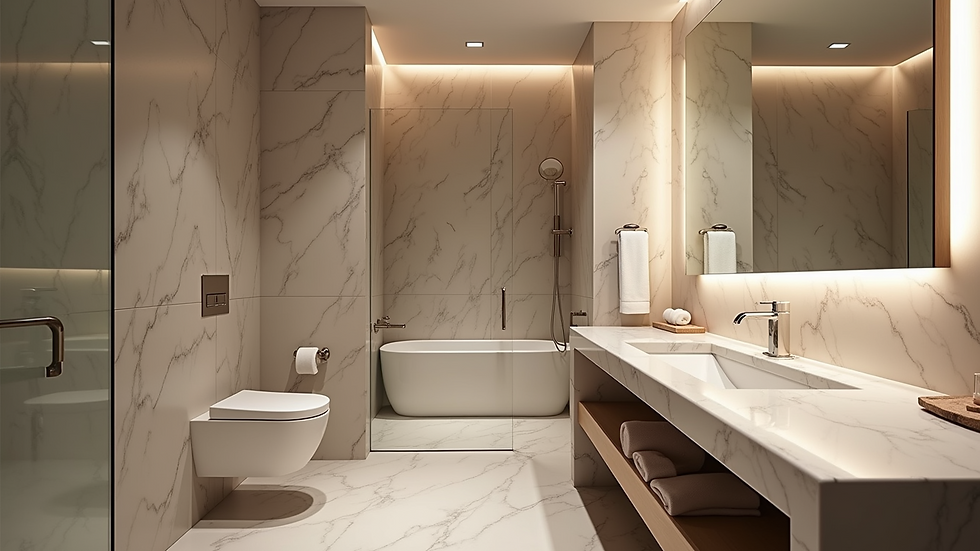 High angle view of stylish bathroom with marble countertop and modern lighting