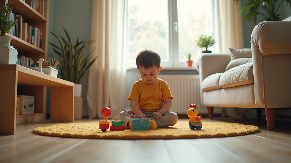 Eye-level view of a cozy living room with a child playing with educational toys