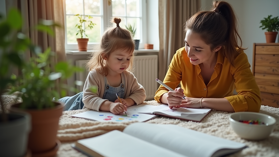 High angle view of a family home with a caregiver and child engaging in a learning activity