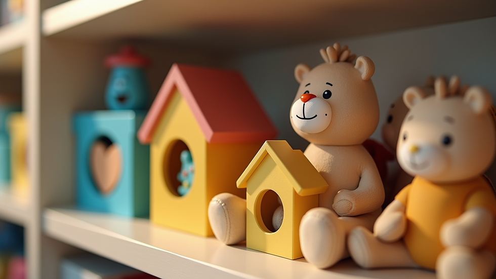 Close-up view of a child’s educational toys arranged neatly on a shelf