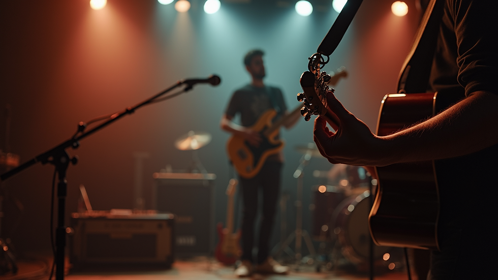 Eye-level view of a small stage setup with guitar and microphone