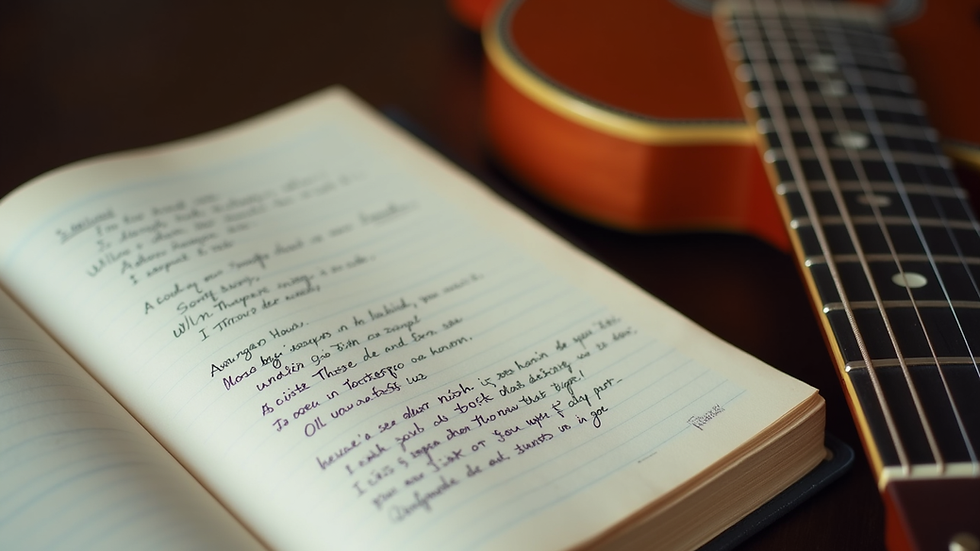 Close-up view of a notebook with handwritten song lyrics and a guitar beside it