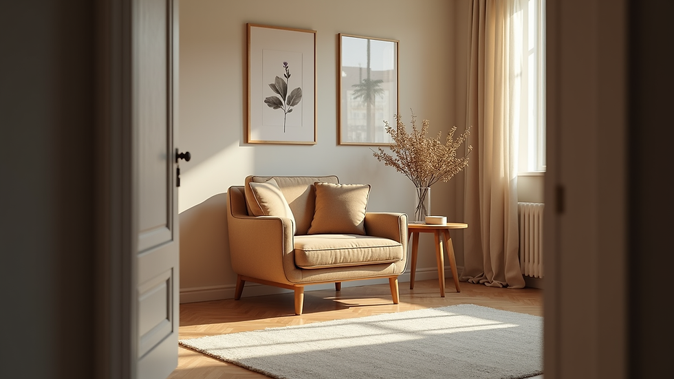 Eye-level view of a cozy coaching room with a comfortable chair and a small table