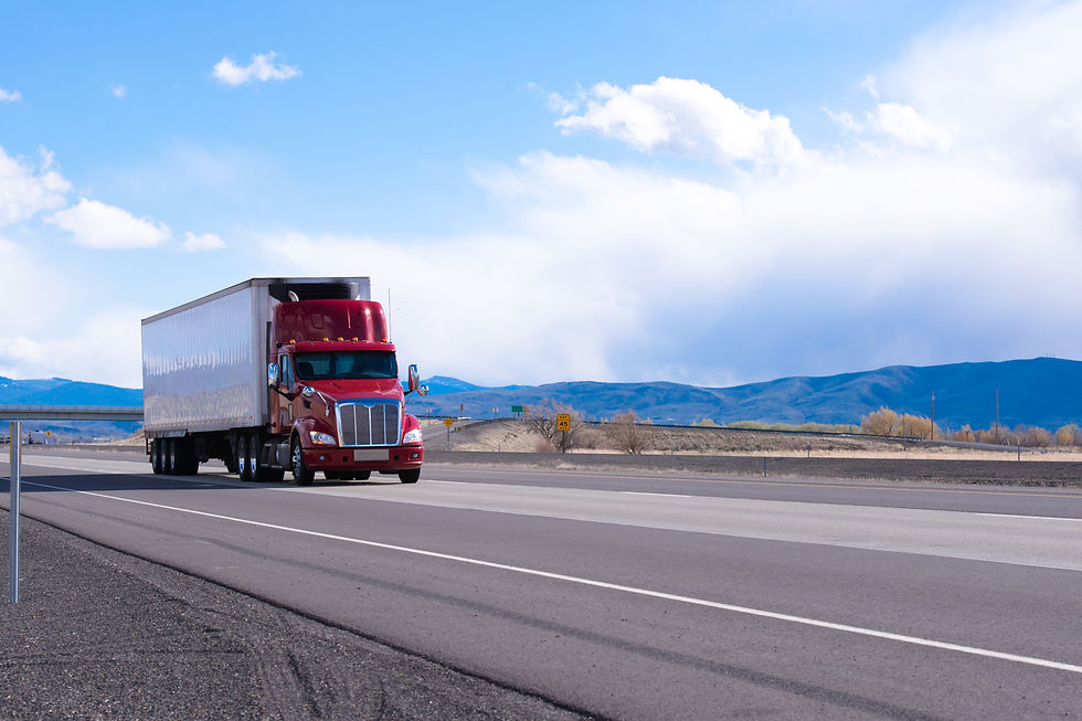 Big rig American bonnet powerful red semi truck with refrigerated semi trailer with refrig