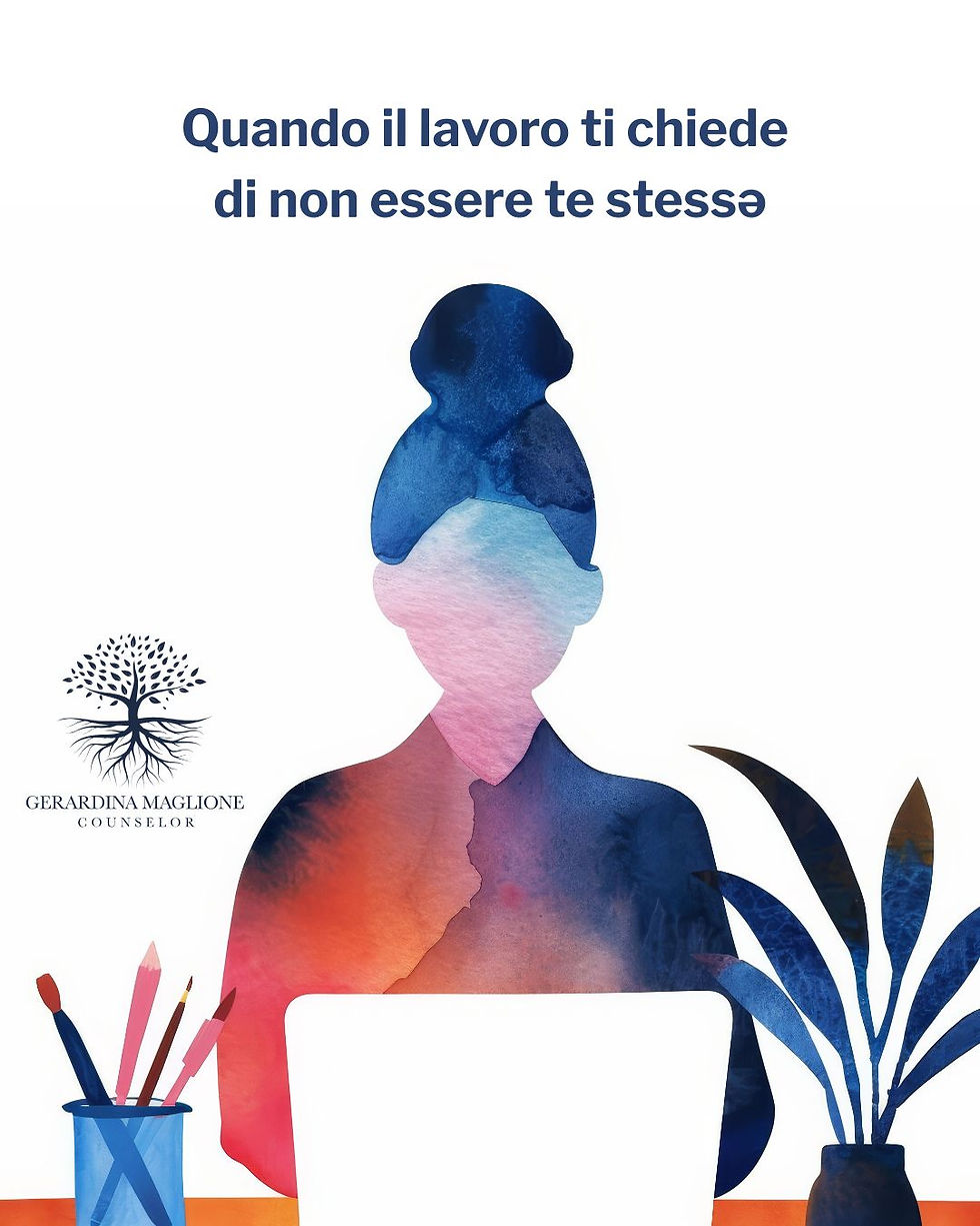 Illustrazione di donna con volto indefinito seduta di fronte ad un computer