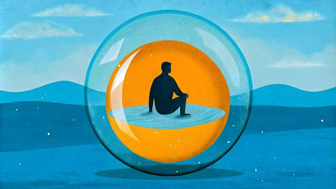 la sagoma di un uomo seduto all'interno di una sfera racchiusa a sua volta in una sfera trasparente più grande su uno sfondo di cielo nuvole e onde stilizzate