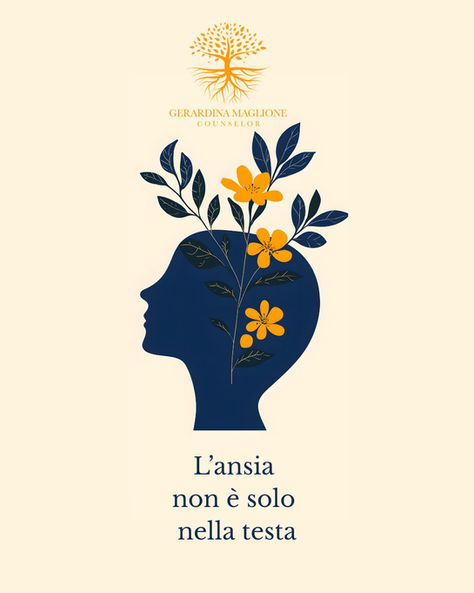 una testa di profilo stilizzata con fiori gialli e foglie blu