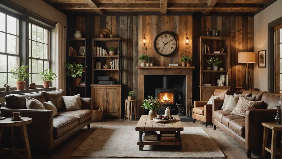 A cozy living room featuring reclaimed wood furniture