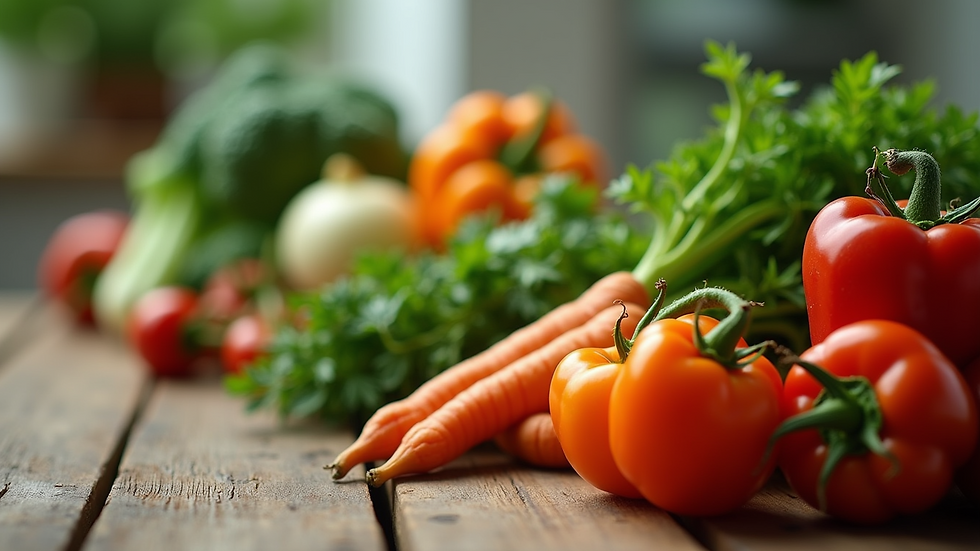 Close-up view of fresh organic vegetables on a wooden table