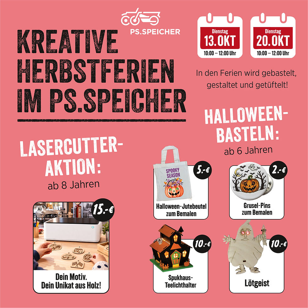 Plakat zu kreativen Herbstferien im PS.SPEICHER mit Halloween-Basteln, Terminen, Preisen und Bastelideen auf rosa Hintergrund.
