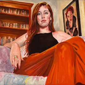 Oil painting of a young woman sitting in a floral chair. 