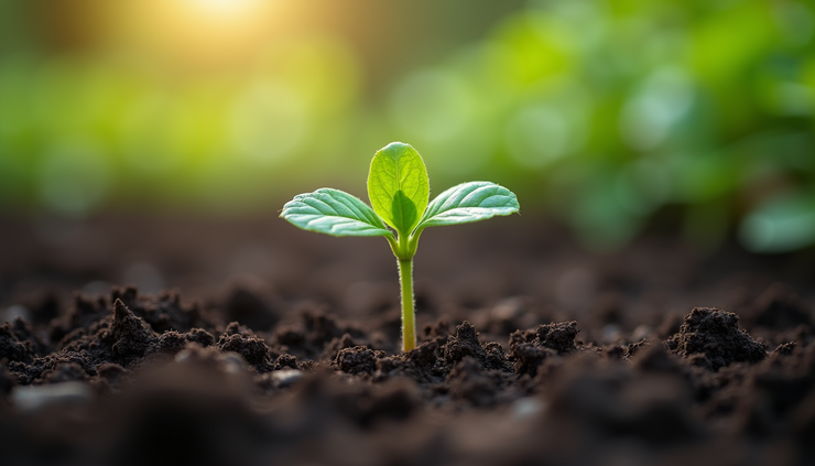Eye-level view of a small seedling sprouting from soil in a garden bed