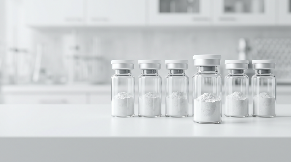 Laboratory research peptide vials containing lyophilized powder arranged in sterile pharmaceutical environment