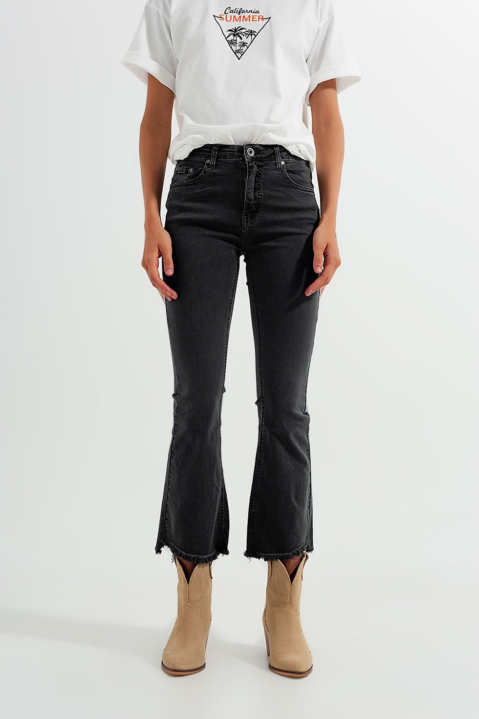 Thumbnail: Flare Jeans in Dark Grey With Asymmetric Detail