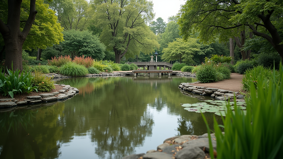 Eye-level view of Birmingham Botanical Gardens with a serene pond