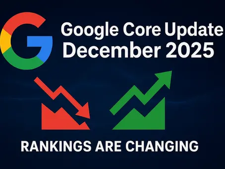 Google Core Update December 2025 showing ranking changes with Google logo, upward and downward SEO graphs indicating impact on website search rankings