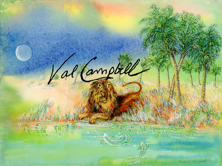 Lion by the Lake watercolor by Valerie Campbell