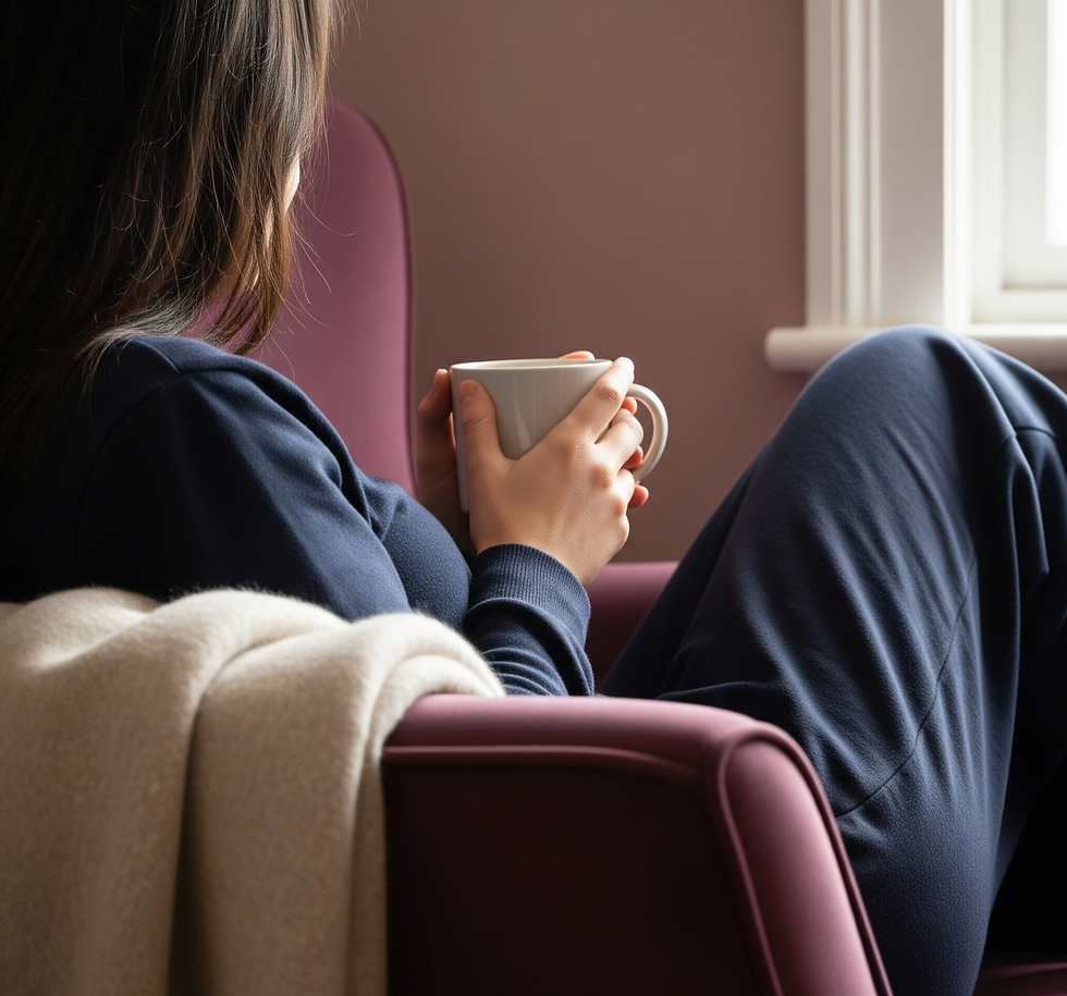 A person in a navy outfit relaxes on a maroon chair, holding a white mug. A beige blanket is draped nearby. Bright, cozy interior.