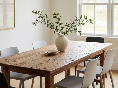 Rustic wooden table with a white vase holding leafy branches, surrounded by white and black chairs in a bright room with large windows.
