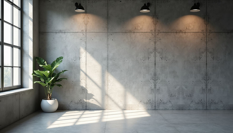 High angle view of a modern office with textured concrete wall
