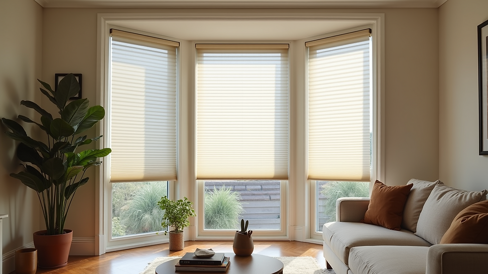 Eye-level view of motorised bespoke blinds in a modern living room