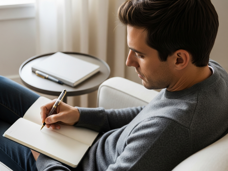 Young man writing in a notebook while sitting on a white couch. A closed notebook on a side table. Bright, calm ambiance.