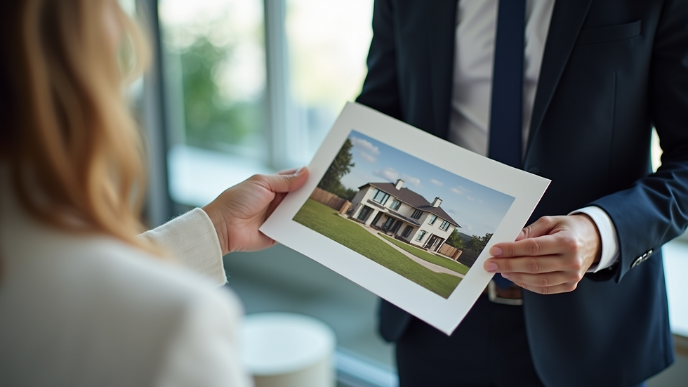 Close-up view of a real estate agent showing a property brochure to a client