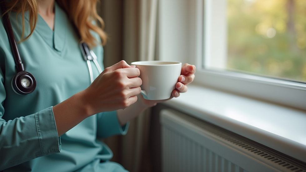 Close-up view of a caregiver holding a cup of tea beside a window