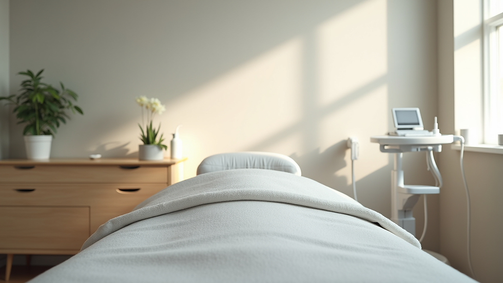 Eye-level view of a calm treatment room with aesthetic equipment