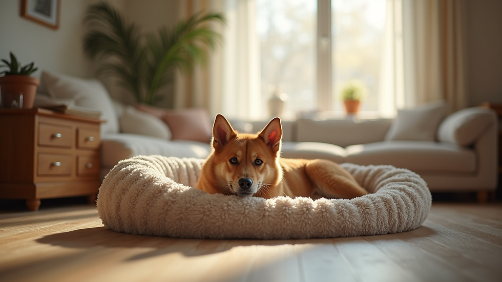 Close-up view of a cozy pet bed in a well-lit living room