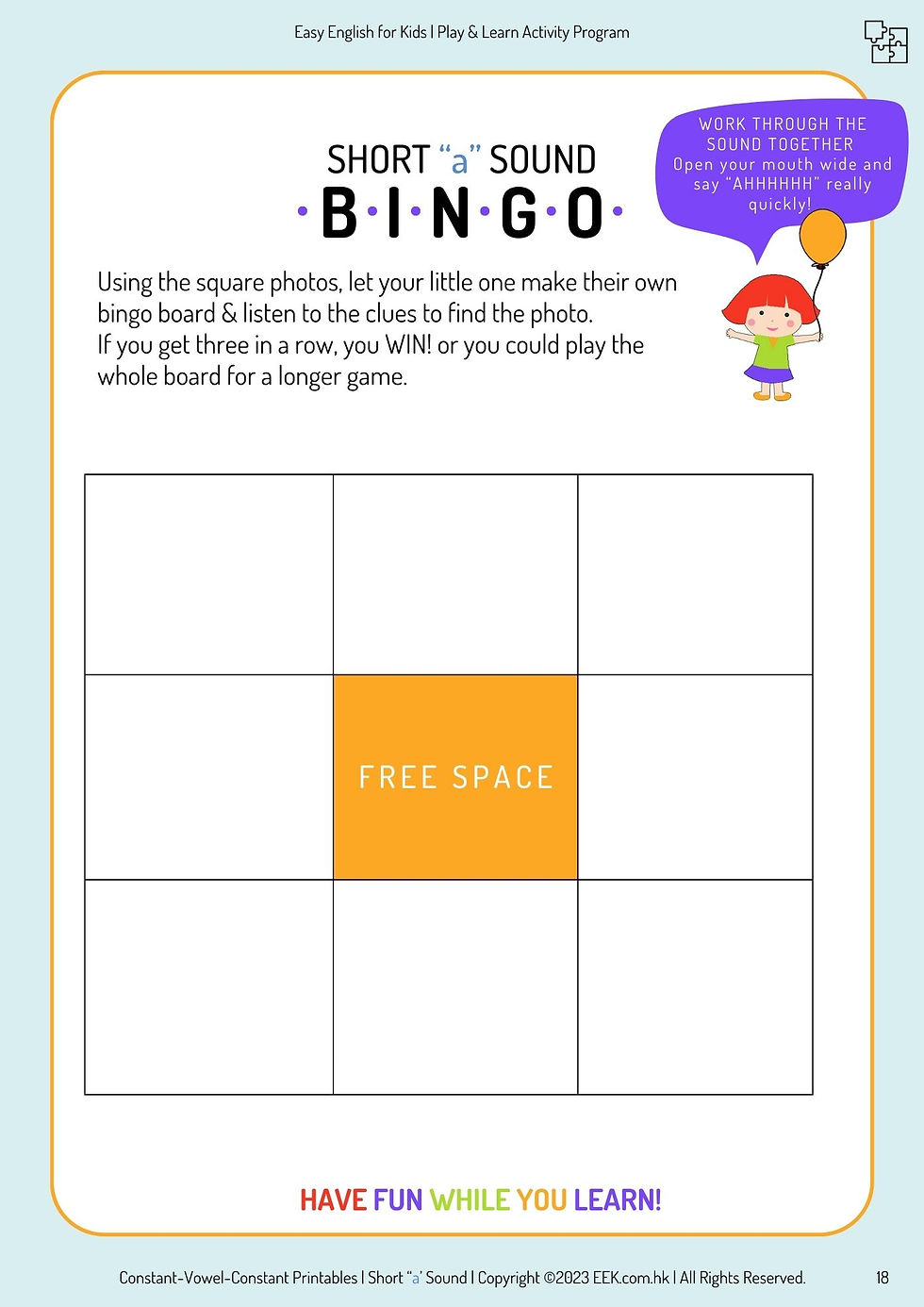 Thumbnail: Vowels The Printables Bingo game card