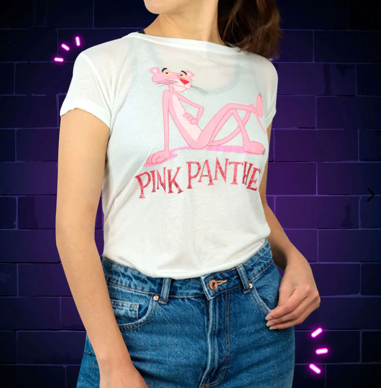 Playera Básica para Dama Estampado de Pantera Rosa, Blanco