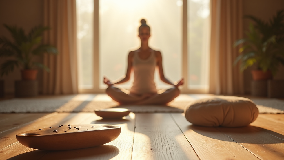 Eye-level view of a peaceful meditation space with sound healing instruments