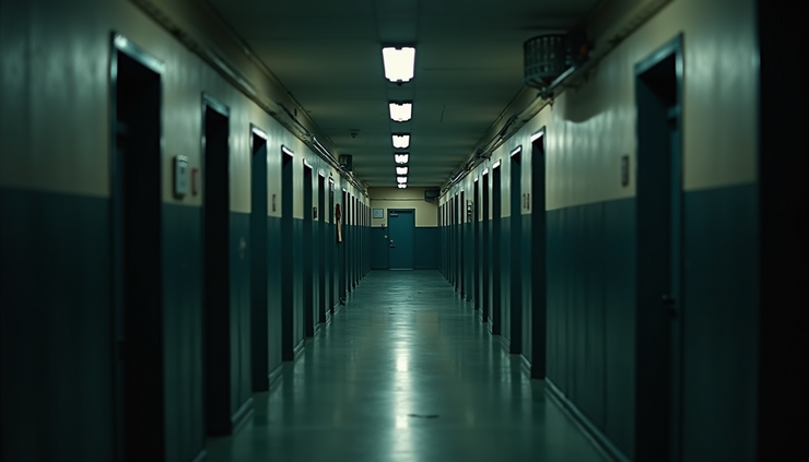 Eye-level view of an empty military barracks hallway with dim lighting