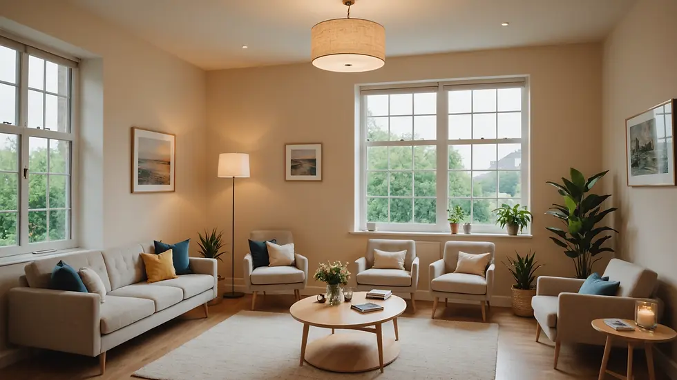 Eye level view of a cozy counseling room with soft lighting