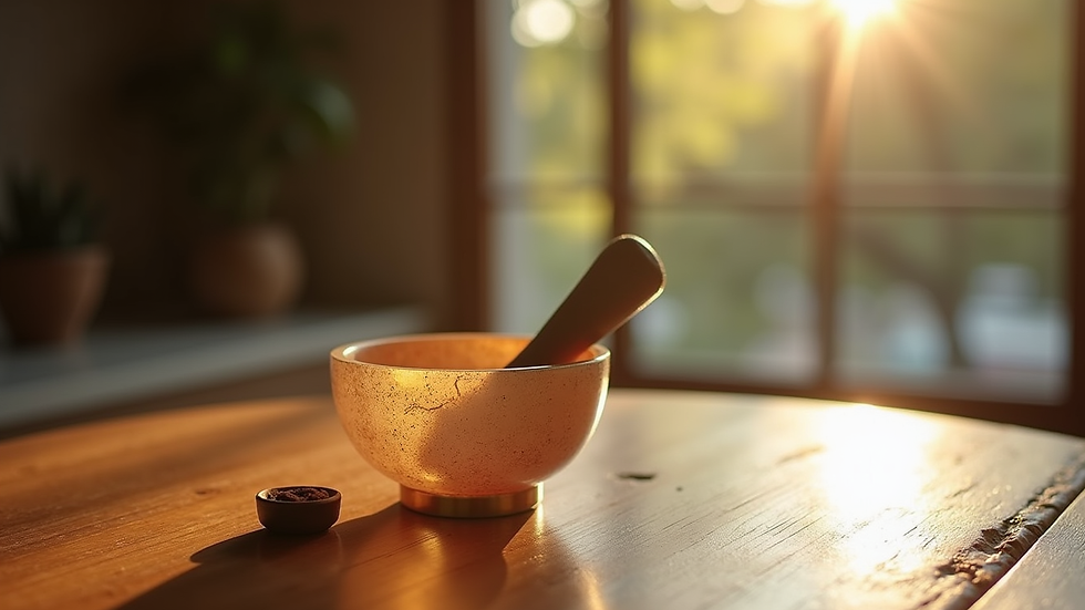 Close-up view of a crystal singing bowl on a wooden surface