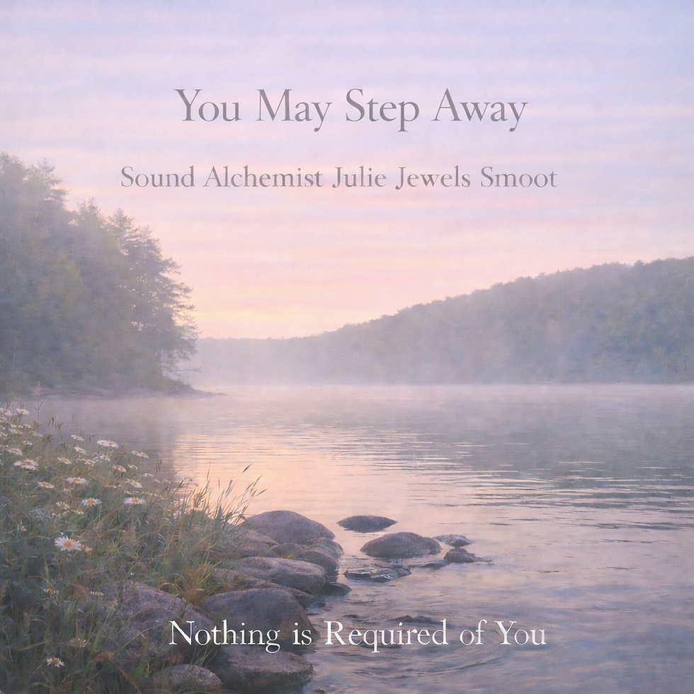 Tranquil and serene, the album cover for "You May Step Away" from "Nothing is Required of You" by Sound Alchemist Julie Jewels Smoot captures a peaceful lakeside scene at sunrise, inviting listeners to embrace a moment of calm reflection.