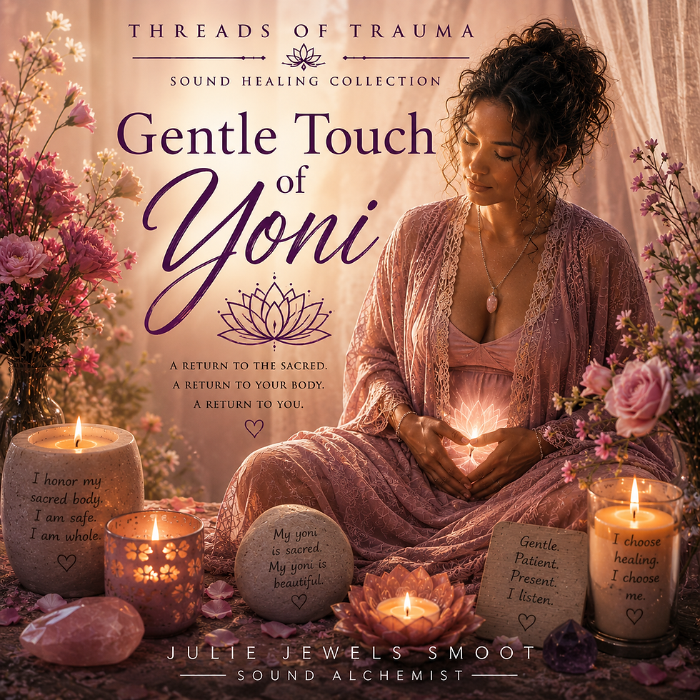 A serene moment of meditation and healing is beautifully captured in this image, featuring a woman enveloped in soft pink hues surrounded by glowing candles and delicate flowers, embodying the peaceful essence of the "Gentle Touch of Yoni."