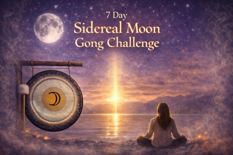 Large golden gong with moon logo, essential for sound healing practice