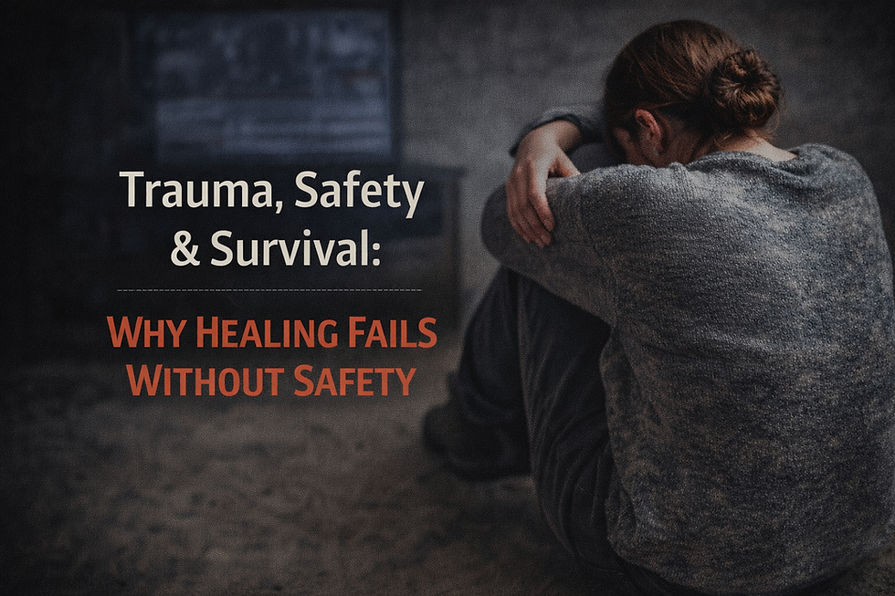 A person sits curled up alone, embodying vulnerability, as the text highlights the critical link between trauma, safety, and healing.