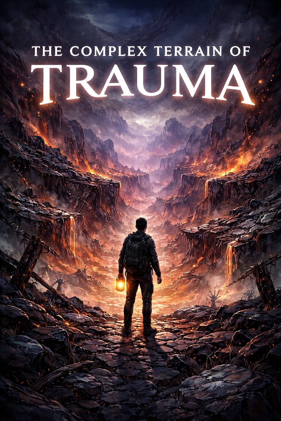 A lone traveler stands poised at the edge of a fiery chasm, lantern in hand, ready to navigate the rugged and intense landscape titled "The Complex Terrain of Trauma."