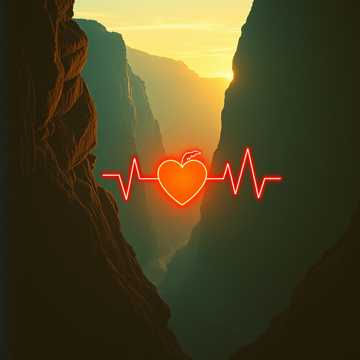 Glowing heart-shaped pulse in canyon background. New Age Music illustration.