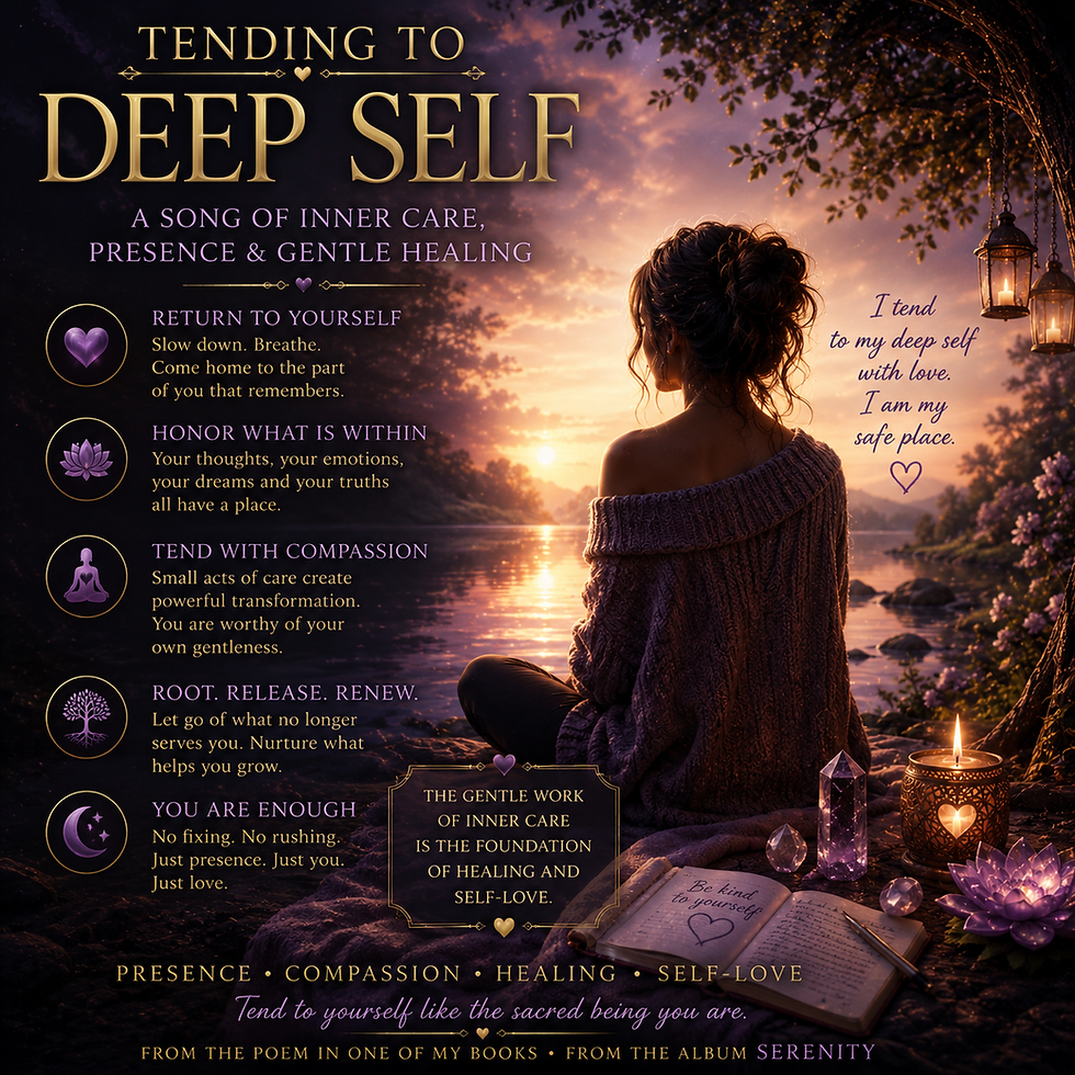 A serene scene from the album "Serenity" titled "Tending to Deep Self" promotes inner care and self-love. It features guidance on returning to oneself, honoring inner truths, and tending with compassion. Amidst a tranquil lakeside setting, a person reflects, surrounded by calming elements like a candle and a journal, emphasizing the gentle work of healing and presence.