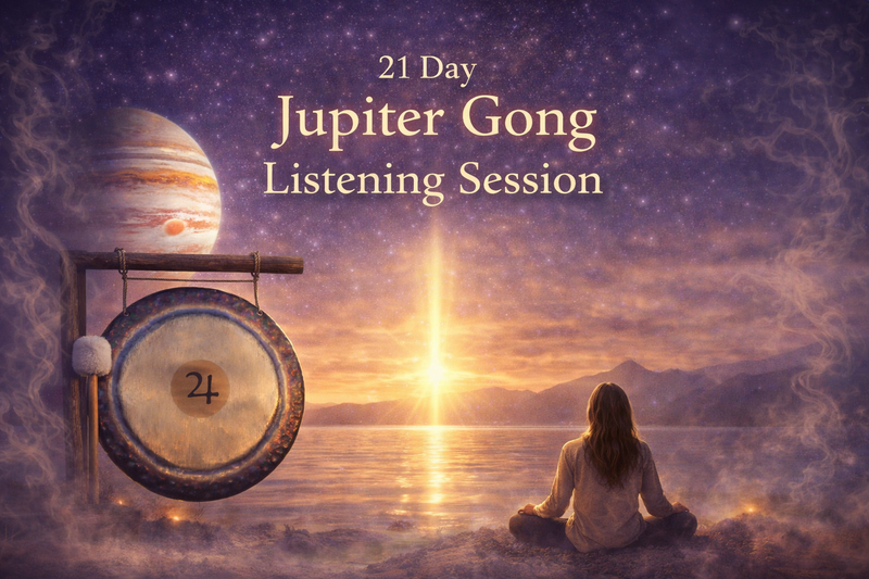 Large gong with a Jupiter symbol; 21 Day Jupiter Gong Challenge. Sound healing practice.