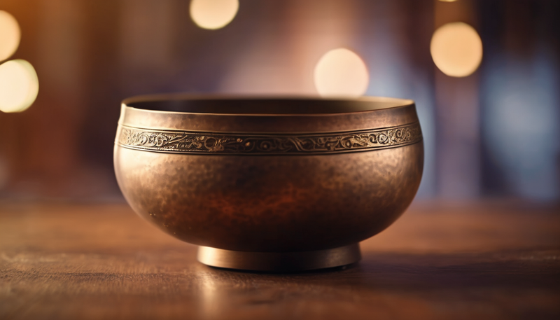 Bronze singing bowl on a wooden table, blurred background with lights.
