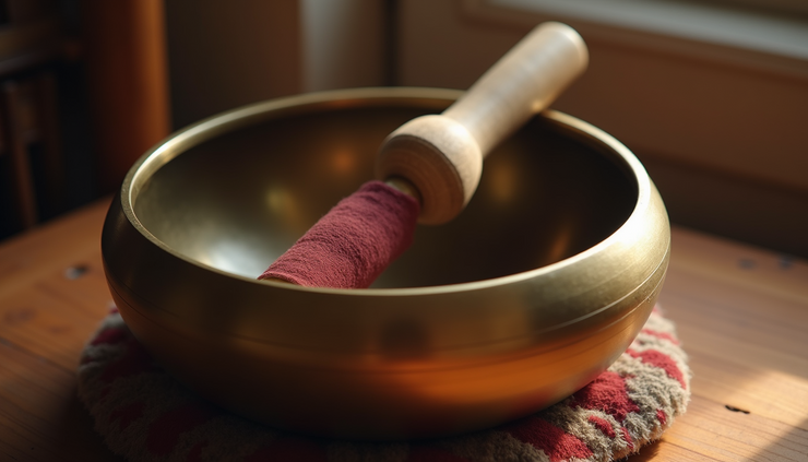 Close-up view of a Tibetan singing bowl with a wooden mallet resting on its rim