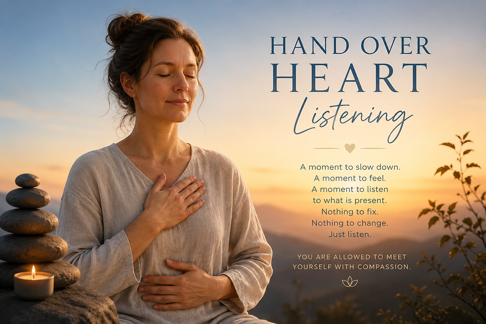 A woman embraces tranquility at sunset, placing her hand over her heart in a mindful gesture of self-compassion and reflection, surrounded by calming elements.