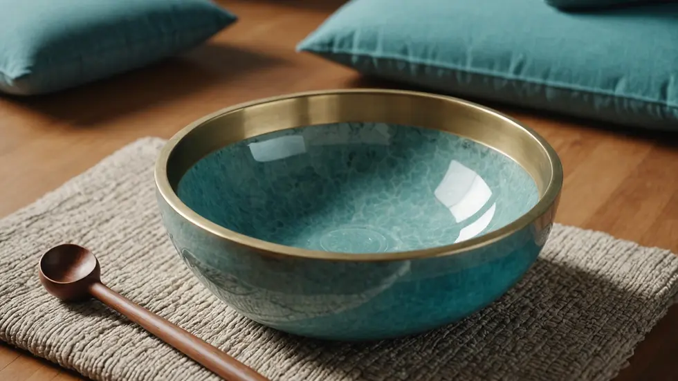 High angle view of an aquamarine singing bowl on a meditation cushion