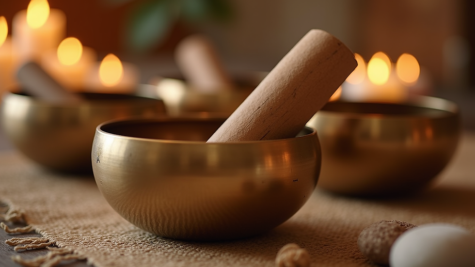 Close-up view of crystal singing bowls arranged for a sound healing session