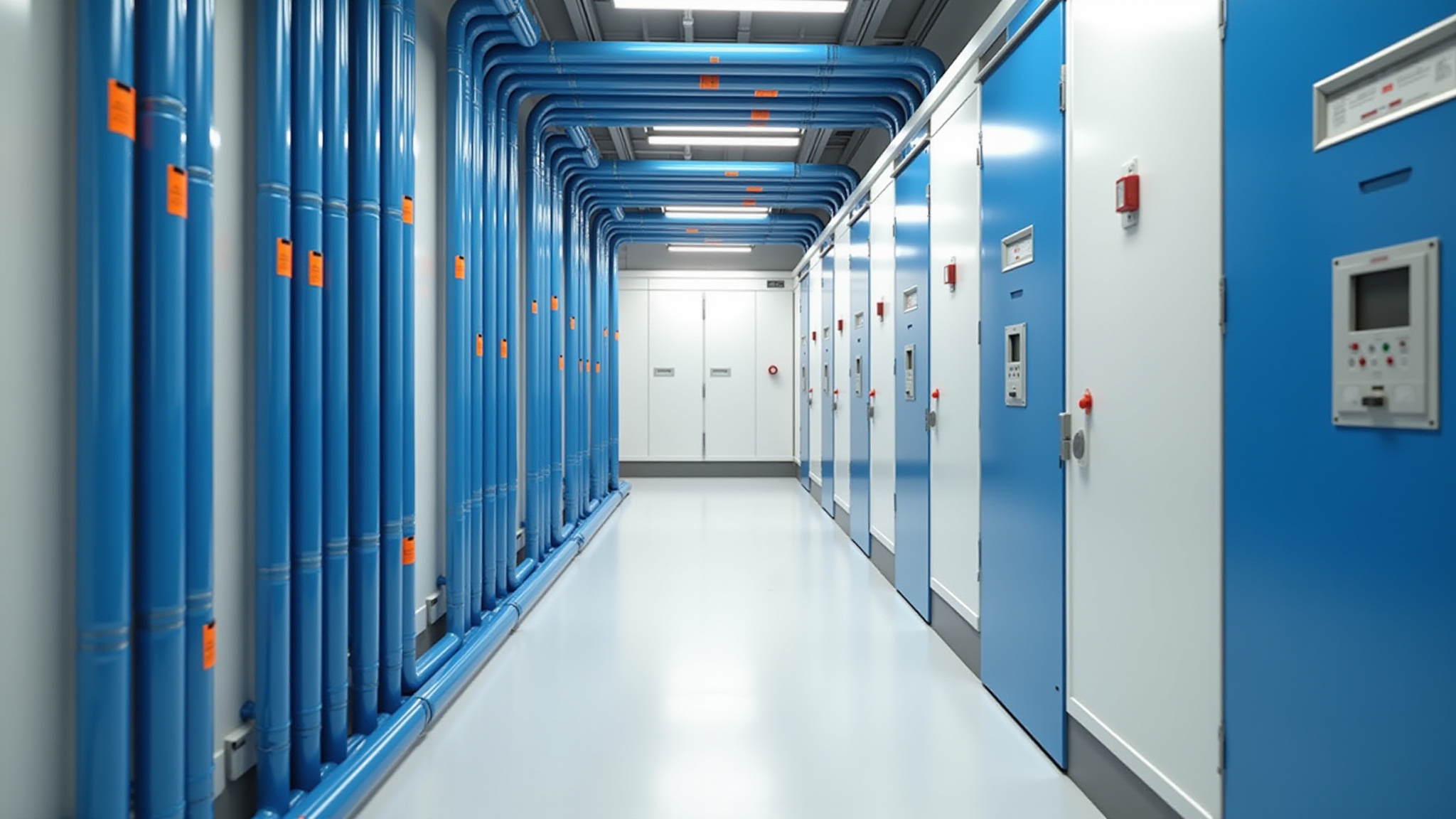 Industrial corridor with blue pipes and electrical panels.